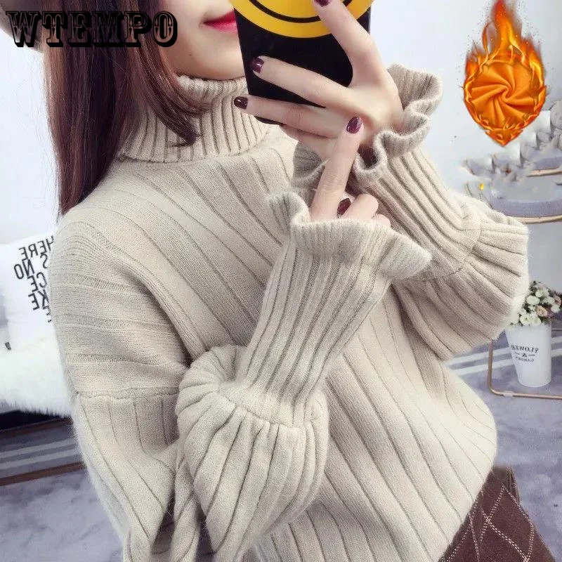 

Свитер женский с воротником-хомутом, милый утепленный свободный джемпер с оборками на манжетах, однотонный, для офиса, Осень-зима