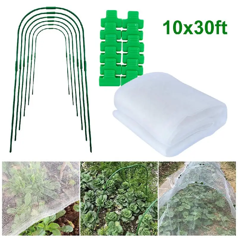 

Garden Mesh Netting Kit 10x30ft Plant Cover Ultra-Fine Mesh Net with 6 Greenhouse Hoops 12 Clips Tunnel Support Hoop for Plants