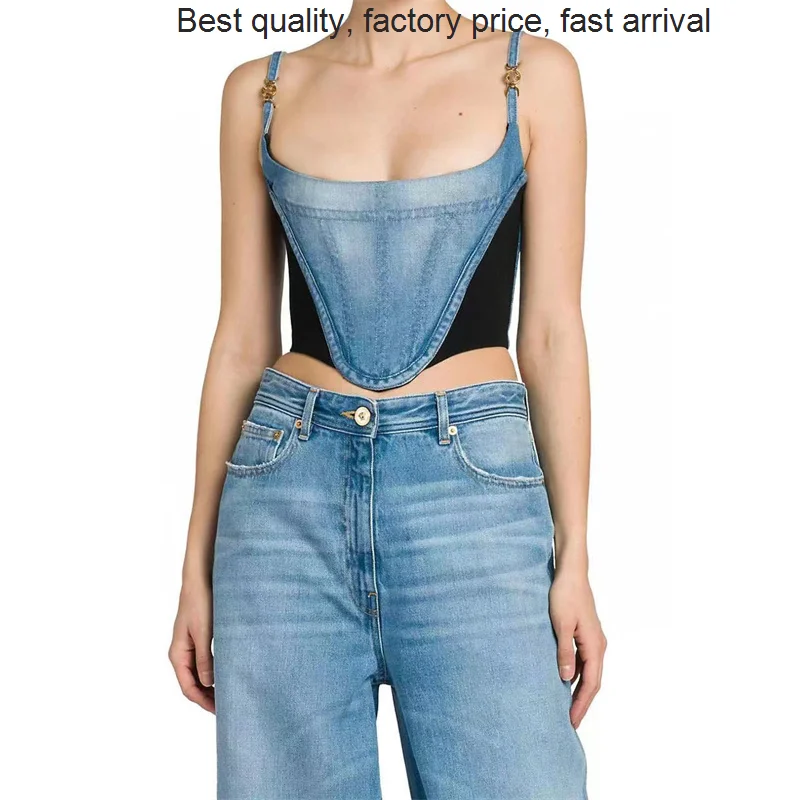 

High quality luxury brand Hot Sale in Corsets For Women Korean Fashion Suspender Vest Cotton Washed Denim Panel T-Shirt Top Fr