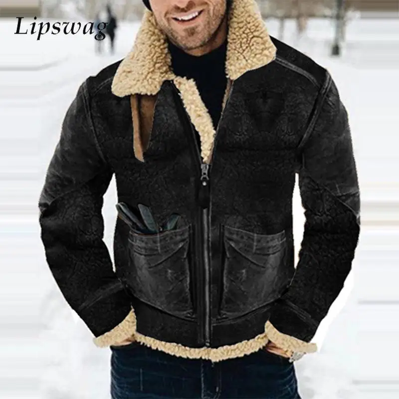 

Winter Warm Thick Wool Liner Jacket Coat For Men Vintage Zip-up Lapel Fleece Outerwear Mens Clothing Autumn Casual Oversize Coat