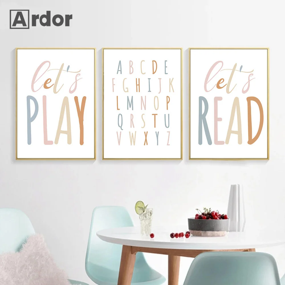 

ABC Wall Art Poster Let's Play and Read Canvas Painting Alphabet Art Prints Nursery Posters Nordic Wall Pictures Kids Room Decor