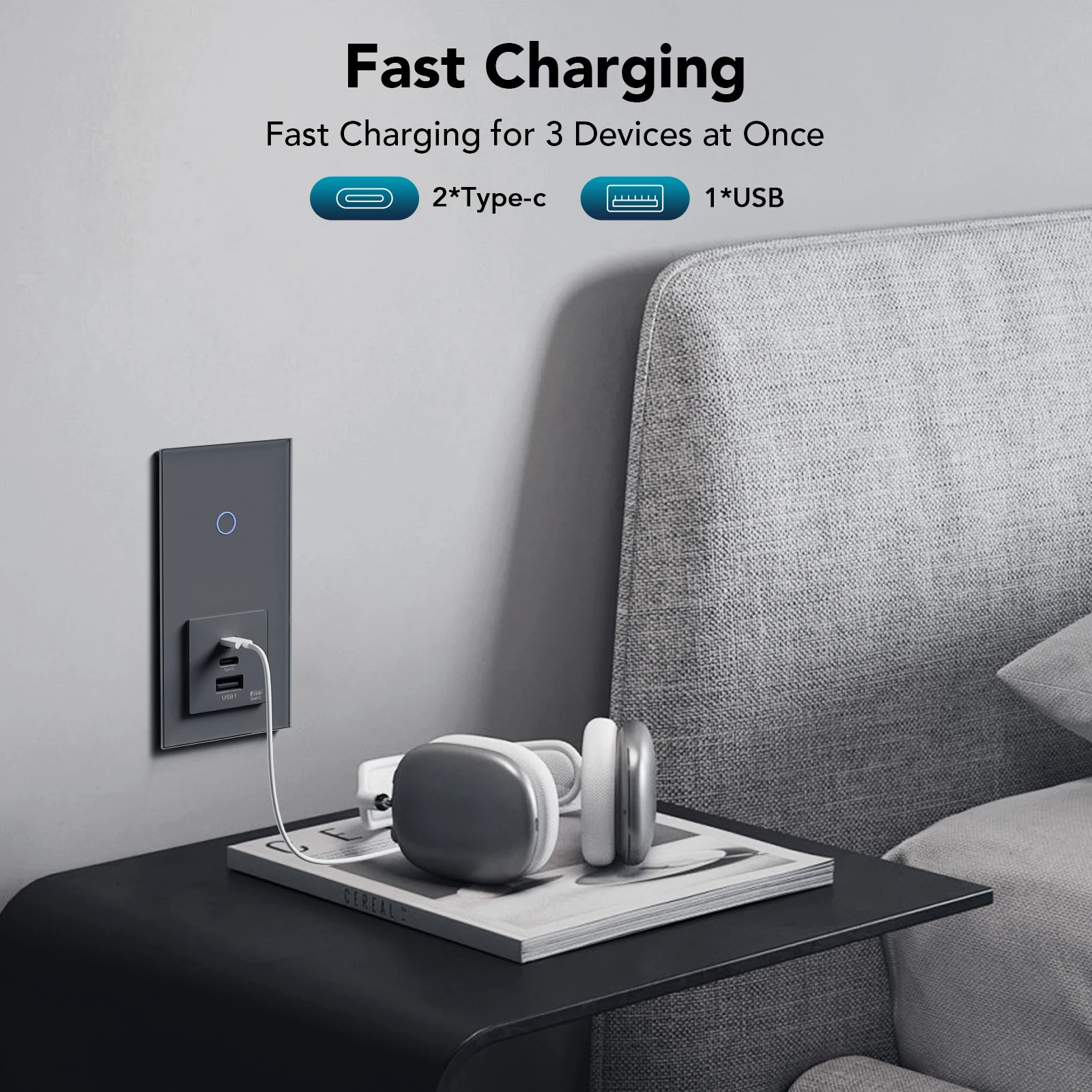 Фото BSEED 1/2/3/4Gang Light Touch Switch 1Way Plus 65w Dual Type-c USB Super Fast Charging Socket Порты Стеклянная панель Стандарт ЕС №4