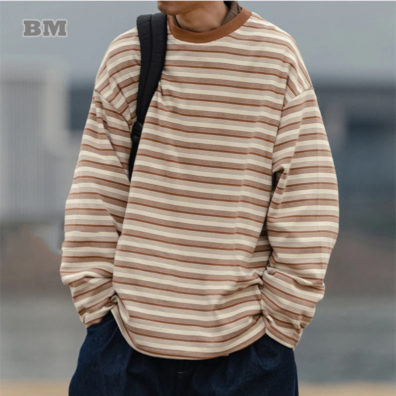 

Japanese Vintage Sweatshirt Round Neck Striped Long Sleeve Men Clothing Streetwear Loose Couple Tops Harajuku Casual Pullovers