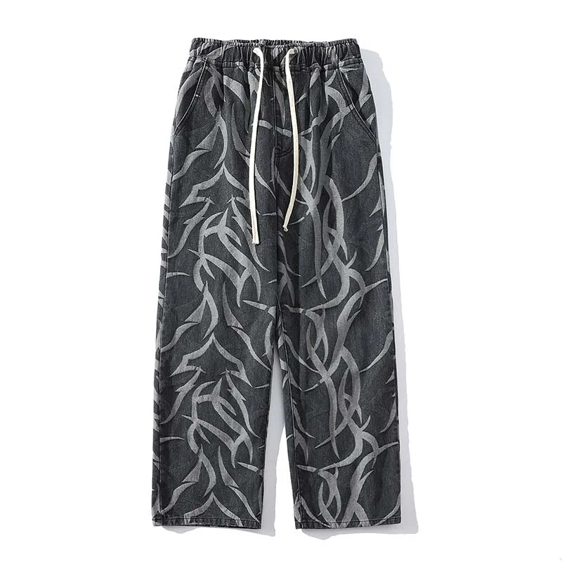 Blue/Black Baggy Jeans Men Fashion Print Casual Straight Jeans Men Streetwear Hip Hop Loose Denim Pants Mens Trousers M-3XL