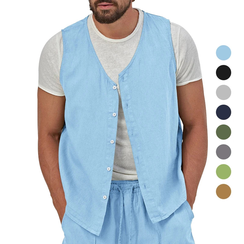 Summer New Men's Casual Coat Vest Multi Button Solid Cotton Linen Versatile Outdoor Fitness Beach Swimming Pool Top for Men