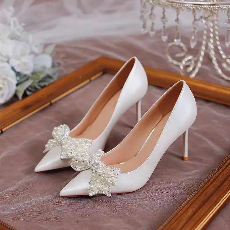 

2022 New Fashion Pointed Toe High Heels Women's Stiletto White Pearl Bridal Wedding Shoes Banquet Party Shoes shoes for women