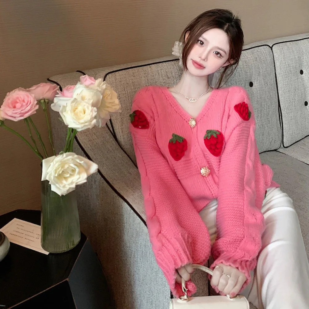 

Женский трикотажный свитер с 3d-клубникой, розовый кардиган с V-образным вырезом