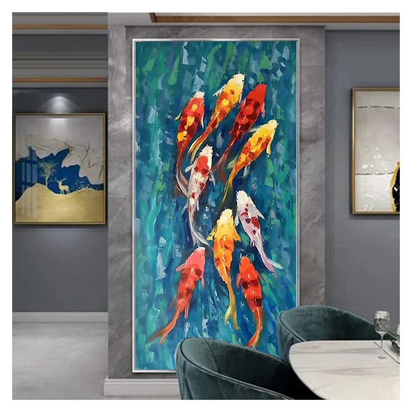 

Modern Decor Wall Art Picture HD Print Chinese Abstract Nine Koi Fish Landscape Oil Painting on Canvas Poster For Living Room