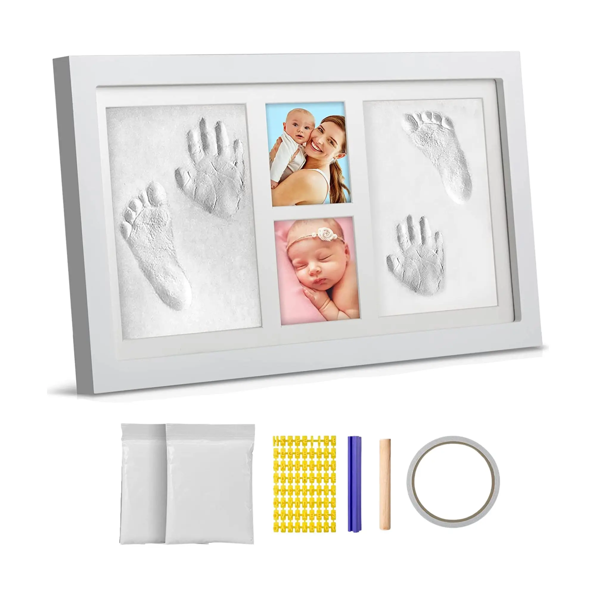 

Deluxe Size Baby Hand and Footprint Kit - 16 x 9 inches Baby Picture Frame Kit Non Toxic No Bake Clay Keepsake Frame