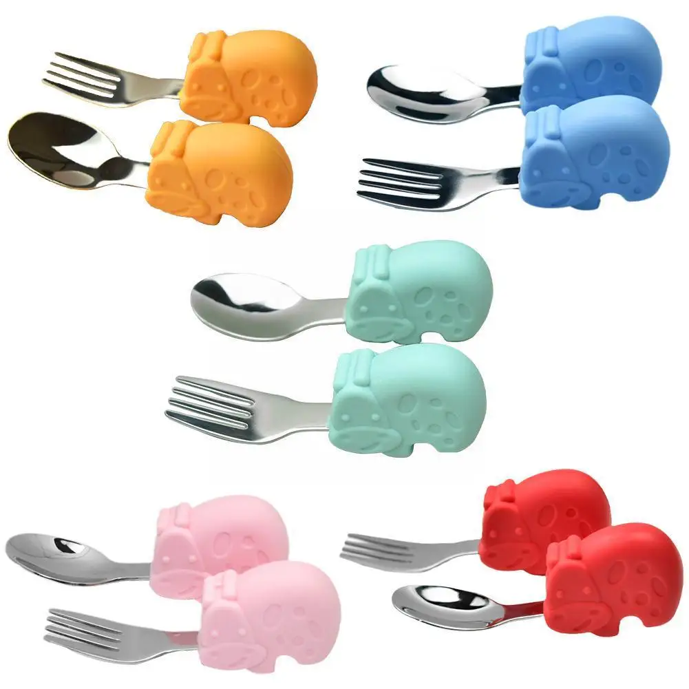 

Baby Learn To Eat Training Fork Spoon Short Handle Spoon Childrens Food Steel Silicone Tableware Supplement Fork P1n7