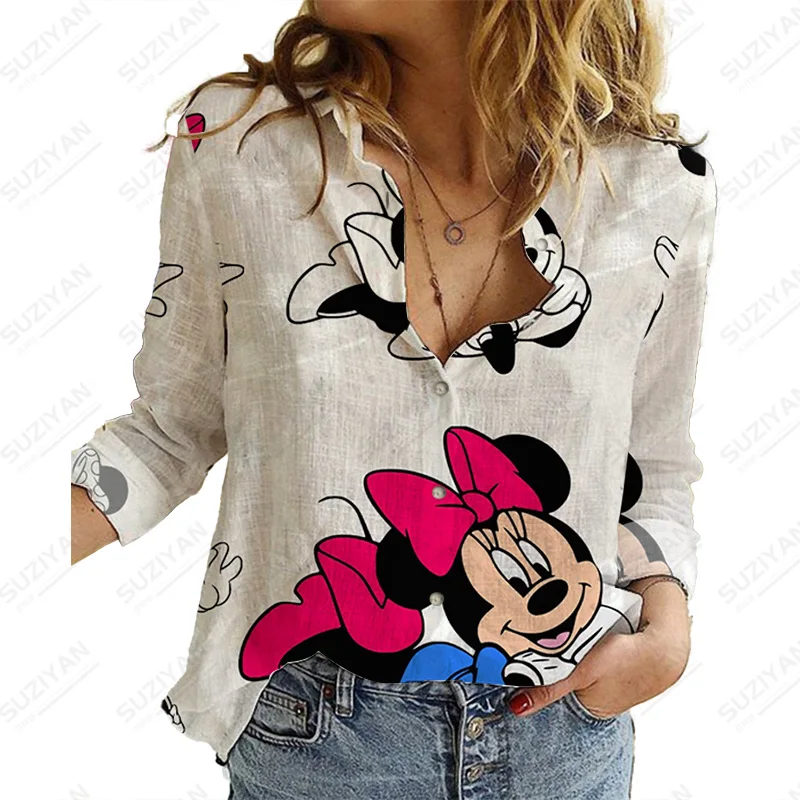 

Elegant Turn-Down Collar Blouse Women Disney Mickey Collar Long Sleeve Blouse Print Long Sleeve Women'S Fashion