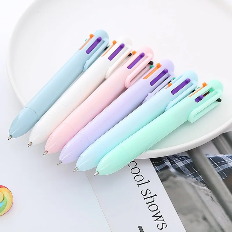 6pc Free Shipping Stationery Supplies 6 Color Macaron Pens Multi-color Ballpoint Pen Multifunctional Office Girl Handbook Pen