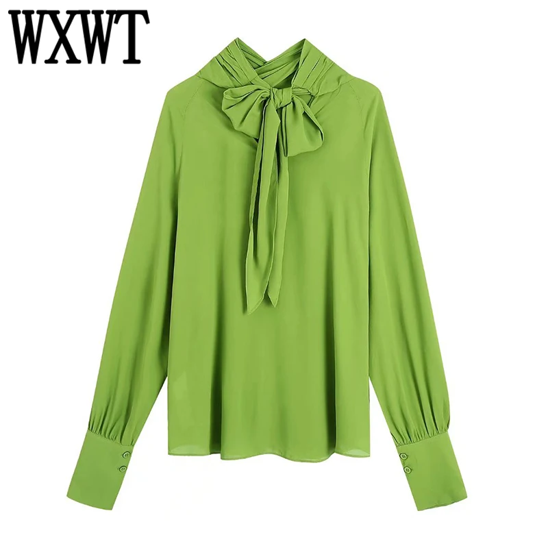 

Женская драпированная блузка с длинным рукавом и воротником-хомутом