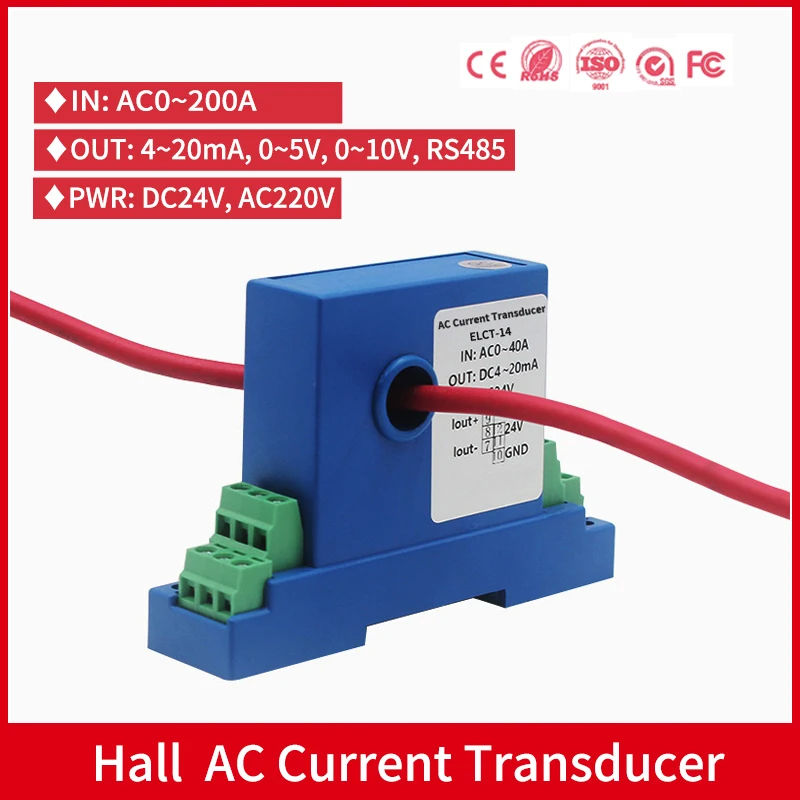 

Передатчик переменного тока 0-200 А, преобразователь тока с замкнутым эффектом холла, аналоговый выход, 4-20 мА, 0-10 В, 0-5 В, CT, для переменного тока
