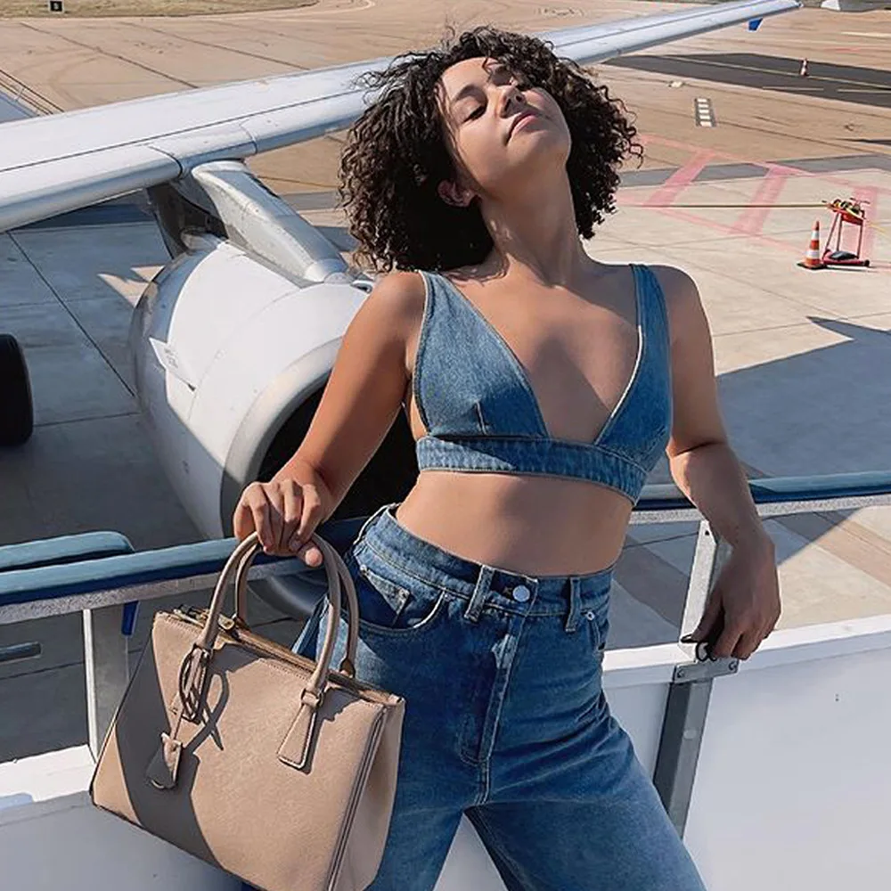 

Ladies summer new hot-selling street INS net red with the same bra vest denim wear sweet and cool outside with a suspender top