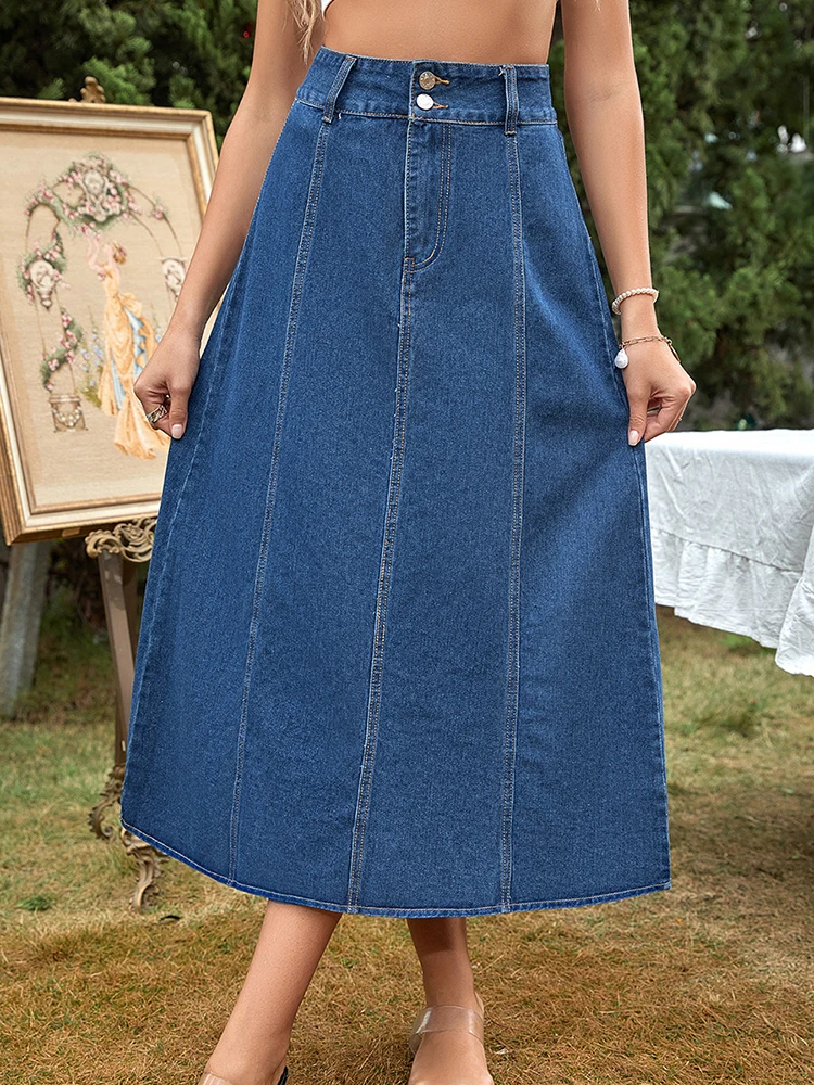 

Vintage Denim Midi Skirts Women Spring Summer 2023 New Washed Blue High Waist A-line Casual Solid Jean Skirt faldas para mujer