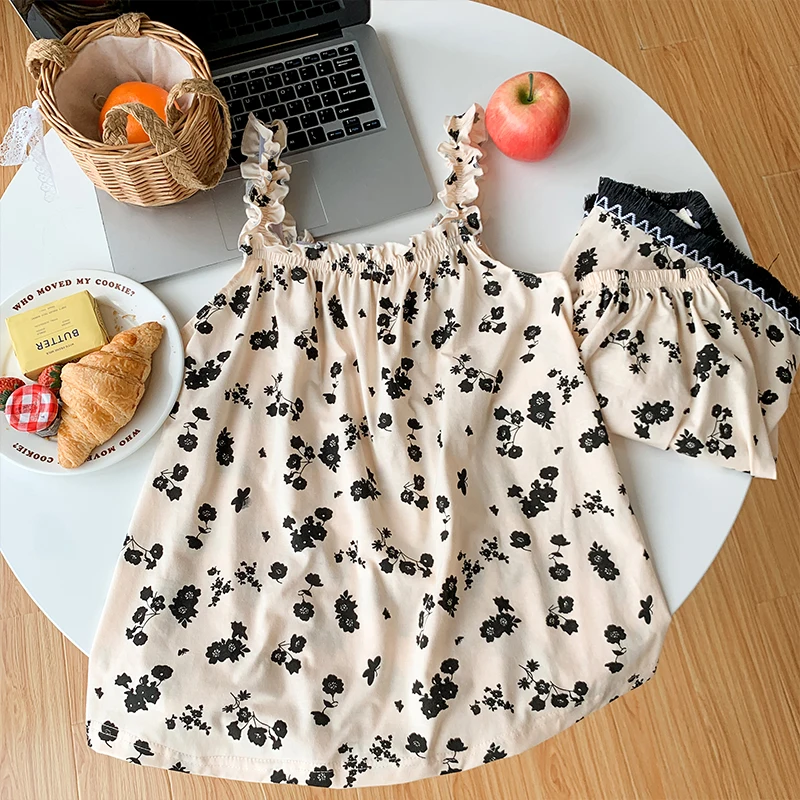 CAIYIER New 2023 Oil Korean Summer Spring Women Pajamas Set Sleeveless Top+Shorts Ruffle Sleepwear Soft Sweet Female Nightwear