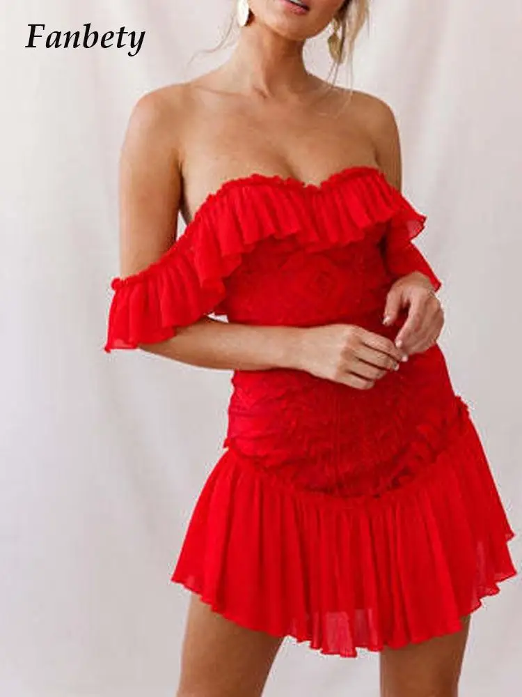 

Sexy Slash Neck Lace Stitching Temperament Dress Fashion Elegant Ruffled Pleated Mini Dress Women Skinny Party Dresses Vestidos