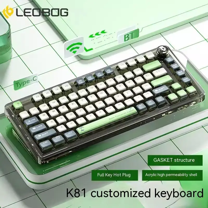 

Leobog K81, трехрежимная Беспроводная механическая клавиатура с прокладкой, Bluetooth, прозрачный акриловый комплект для настройки