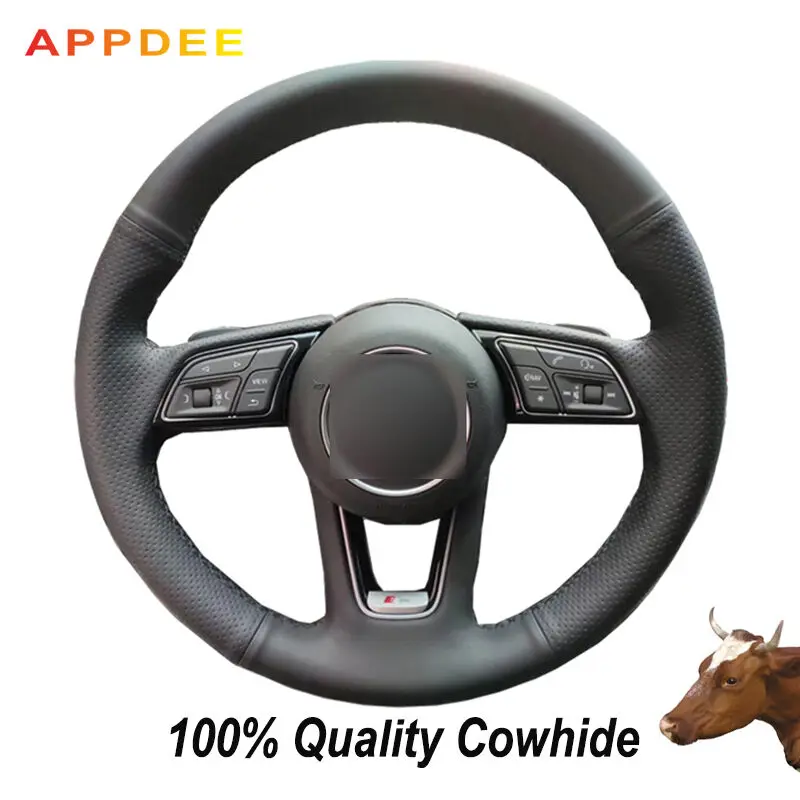 

Hand-stitched Black Genuine Leather Steering Wheel Cover for Audi A1 (8X) Sportback A3 (8V) A4 (B9) Avant A5 (F5) Q2