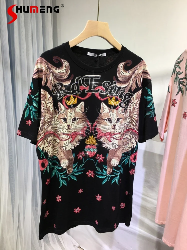 

Heavy Embroidery Hot Drilling T-shirt Women's Round Neck Printed Short Sleeve Cotton T shirt Slimming Summer Thin Top Fashion