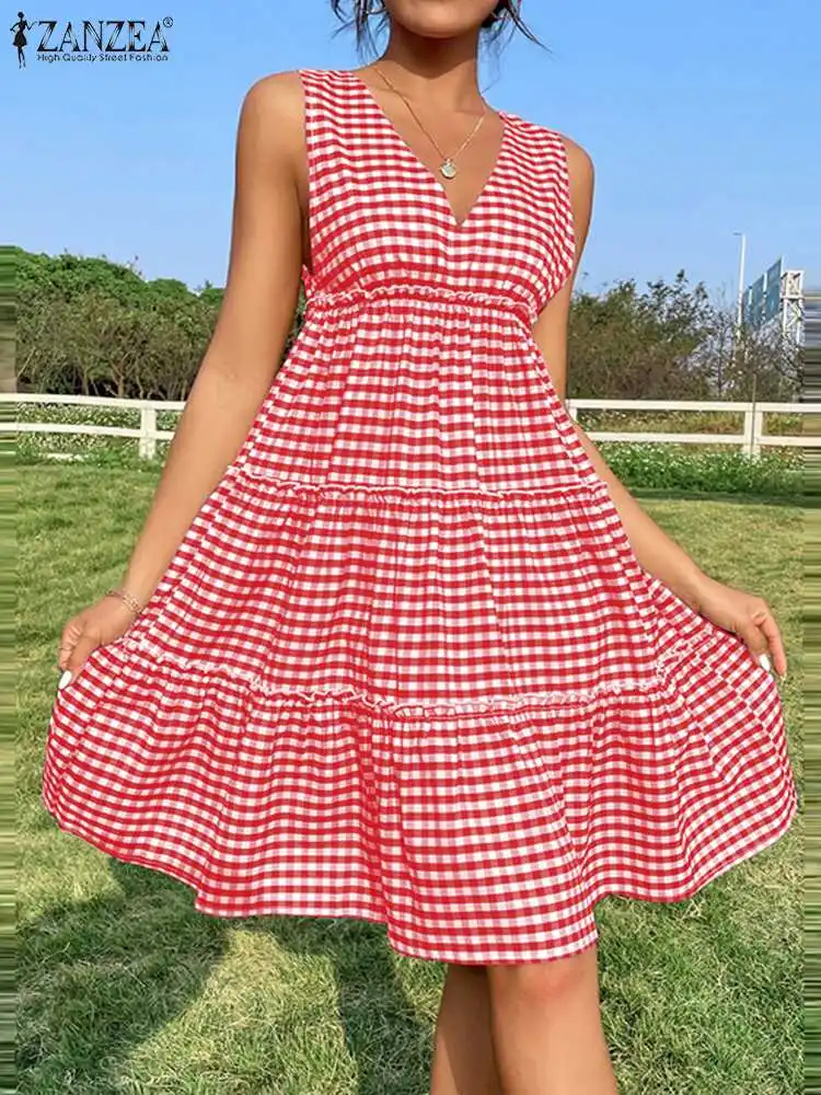 

ZANZEA Fashion Pleated Tiered Mini Dress Party V-neck Short Robe Ruffled Summer Vestidos Plaid Casual Women Sleeveless Sundress