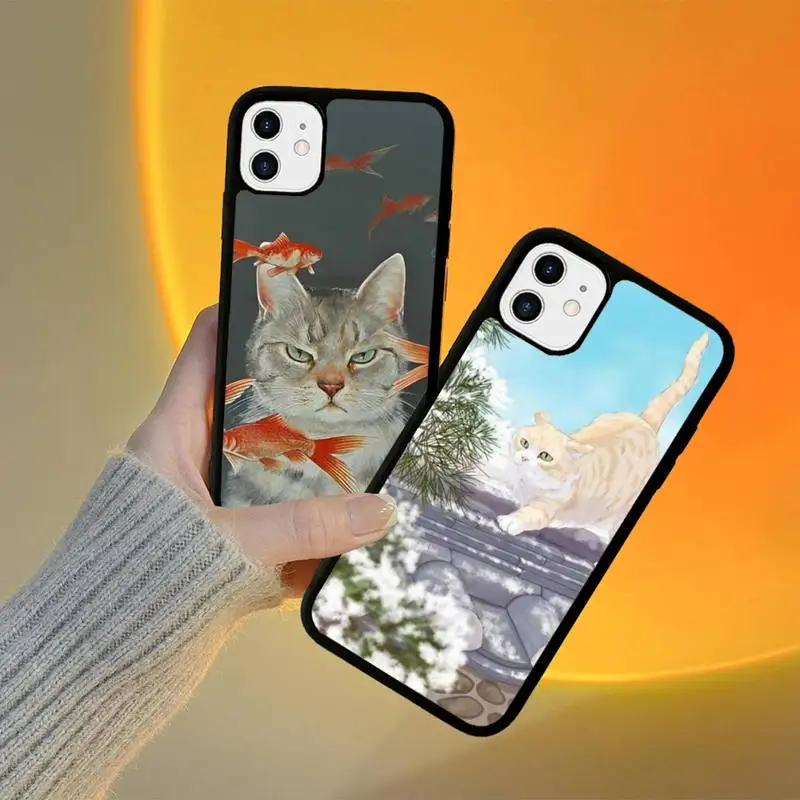 

FHNBLJ cute cartoon cat Phone Case Silicone PC+TPU Case for iPhone 11 12 13 Pro Max 8 7 6 Plus X SE XR Hard Fundas