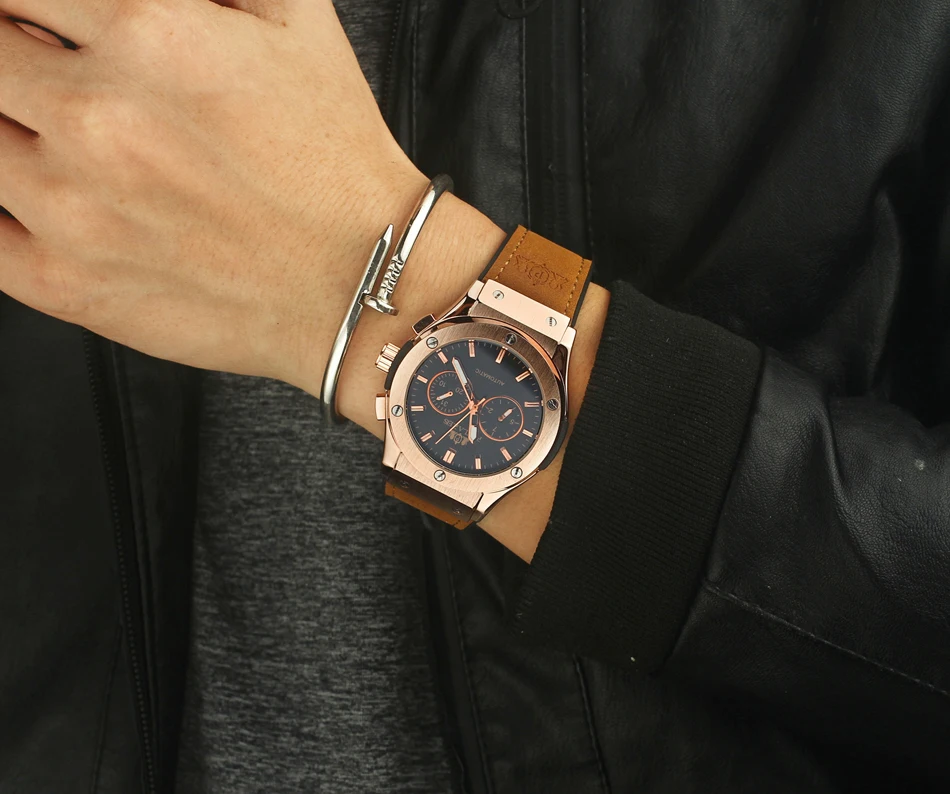 Men Automatic Self Wind Mechanical Rose Gold Silver Black Case Brown Leather Rubber Strap Casual Sports Geneve Watch images - 6