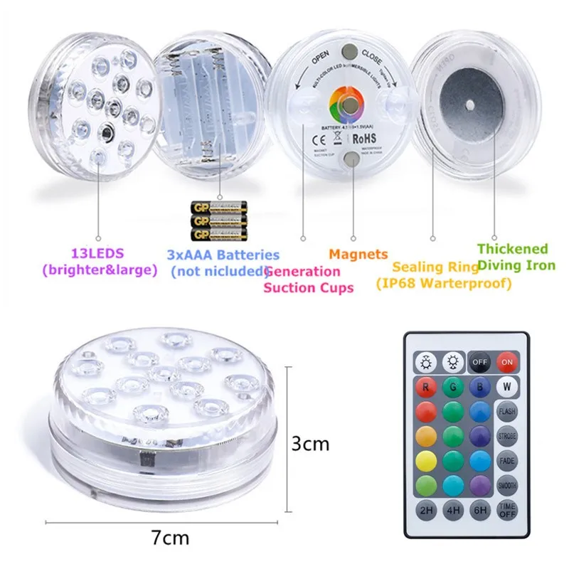 

28 Key Updated Submersible LED Light with Remote Underwater Pool Light IP68 Magnet 13 LED Bright Lamp RGB for Pond/Pool/Aquarium