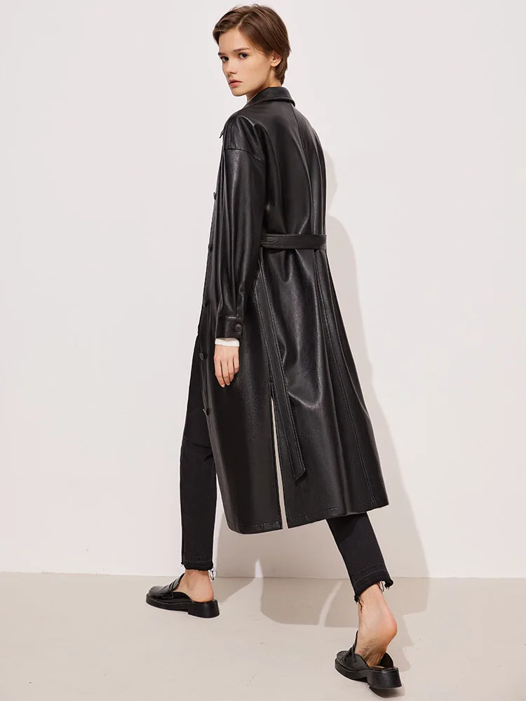 Женская однобортная кожаная куртка Amii длинное пальто с поясом в минималистском
