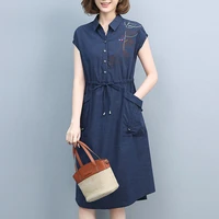 cotton linen tie waist slim a line short sleeve lapel pocket shirt dress women summer office korean embroidery midi dresses