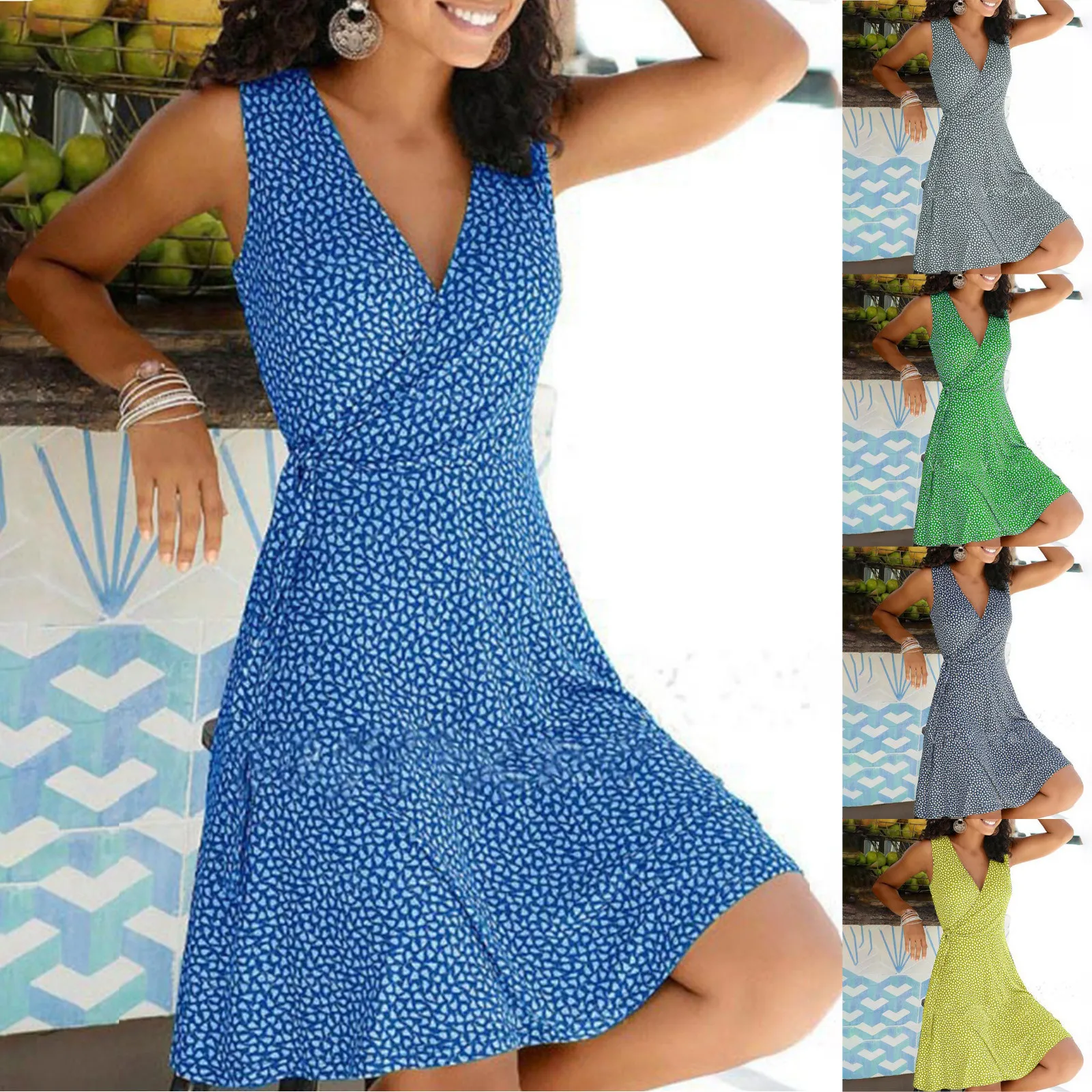 Женское платье-миди в горошек с V-образным вырезом без рукавов