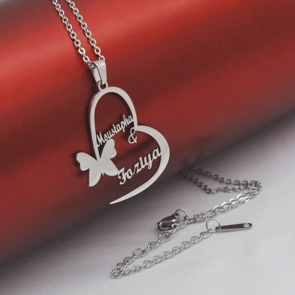Custom Name Necklace Romantic Heart Butterfly Shape Pendant Personality Fashion Stainless Steel Cutting Nameplate Jewelry Lady