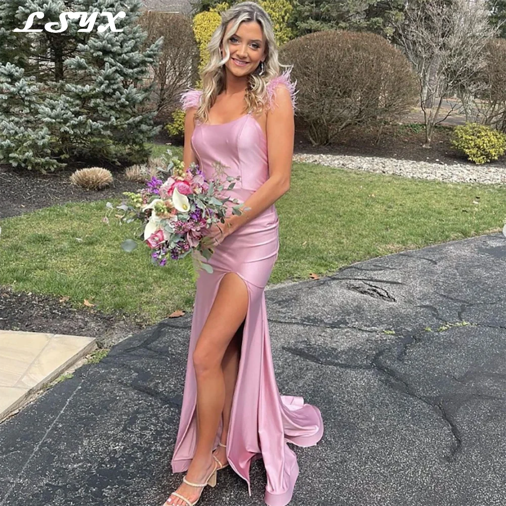 

LSYX сексуальные розовые платья на бретельках с открытой спиной для выпускного вечера 2023 милое без рукавов с высоким разрезом юбка-годе вечерние платья