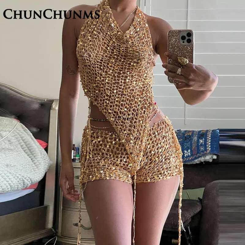 

Sexy Hollow Out Knitted Hooded T-shirt Wrap Hip Shorts 2 Piece Suit Women Club Night Party Sequin Matching Set 2023 Streetwear