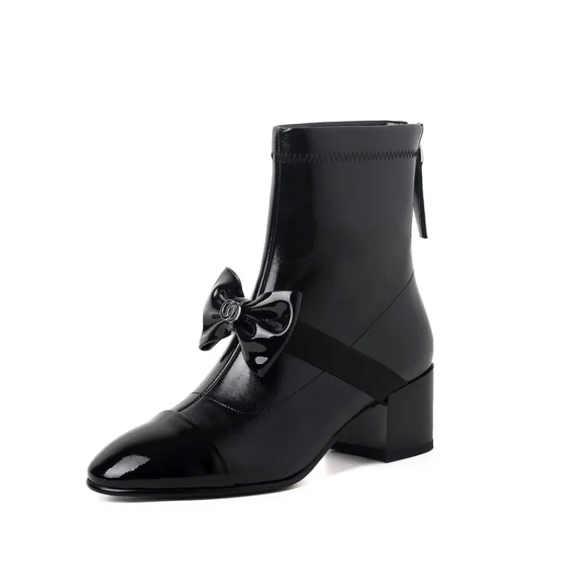 Женские ботинки челси на высоком каблуке 5 см с круглым бантом Размеры 35-39