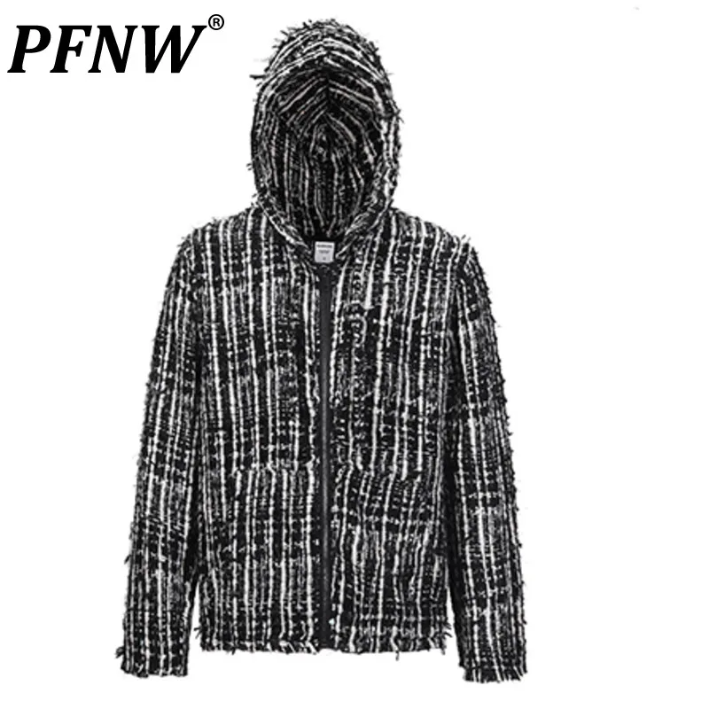 

PFNW Autumn Winter Men's Vintage Fashion Striped Woven Hoodie Jackets Tide Contrast Loose Zippers Casual Cardigan Coat 12A7547