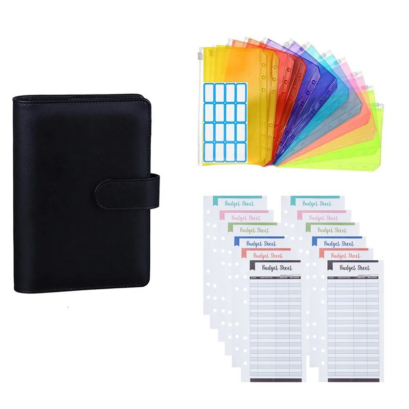 

A6 Budget Binder Pu Cover 12pcs Color Zipper Packets 12pcs budget sheets 1pc Lable Diary Planner School Stationery 26pcs/set