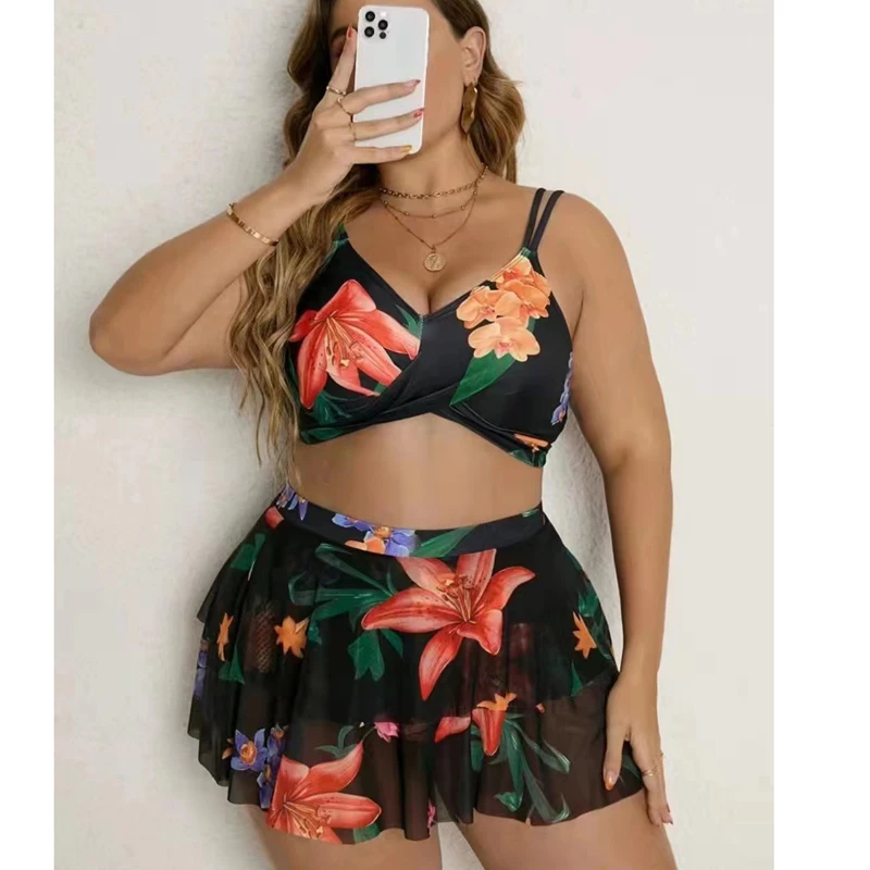 

2023 New Plus Size Women Flower Print Ruffles Push-Up Padded Flounce Tankini Swimwear High Waist Bikini Set Monokini