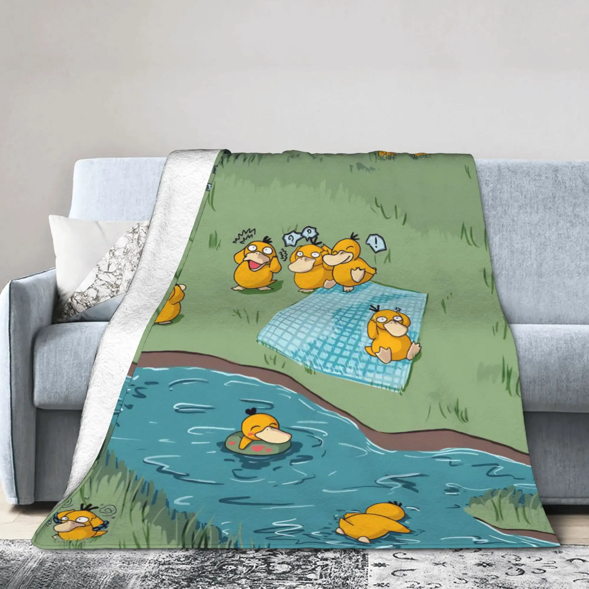Фото Одеяло P-Pokemons Psyduck, коралловое флисовое плюшевое осенне-зимнее супермягкое одеяло для постельного белья, постельные принадлежности для спальни, пледы №4