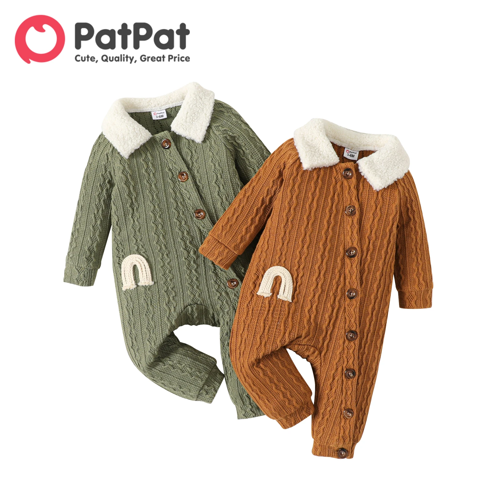 

PatPat Baby Boy Rainbow Detail Sherpa Fleece Collar Spliced Long-sleeve Button Front Cable Knit Jumpsuit