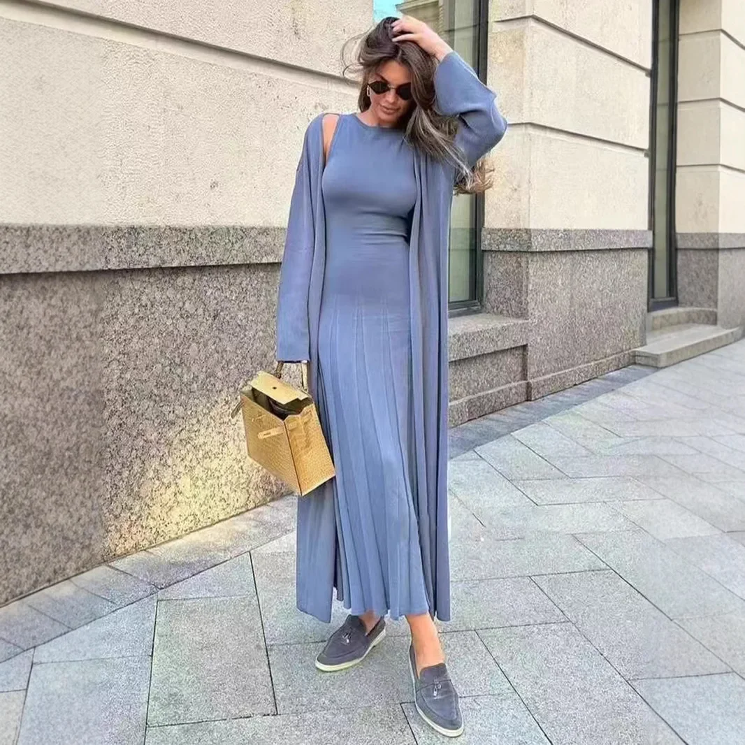 2024 Новое женское модное элитное длинное платье-кардиган в стиле Idle комплект из 2