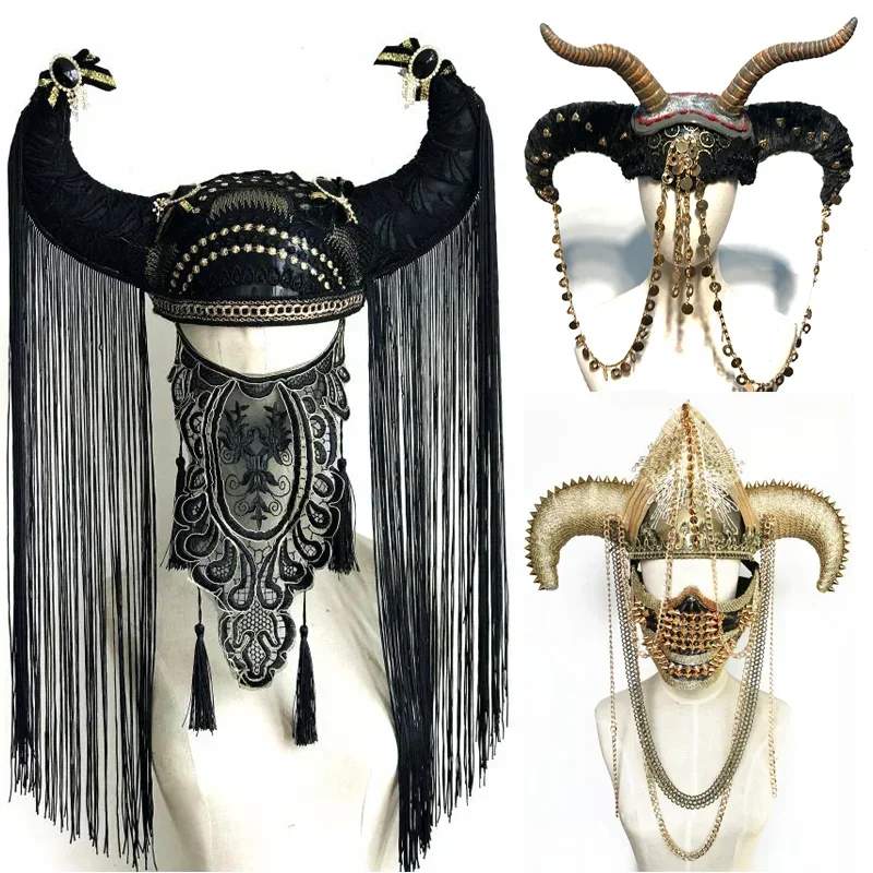 

Halloween cosplay Horns Tassel exaggerated headdress DJ Catwalk show Punk Horn Armor cap Demon look Anime Shofar Carnival Gifts