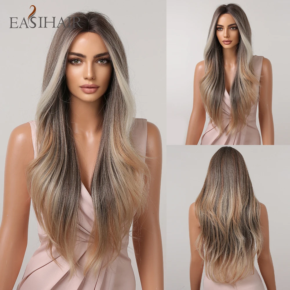 

EASIHAIR Long Wavy Hairline Lace Synthetic Wigs Brown Blonde Ombre Natural Hair Wig Middle Part for Women Heat Resistant Wigs