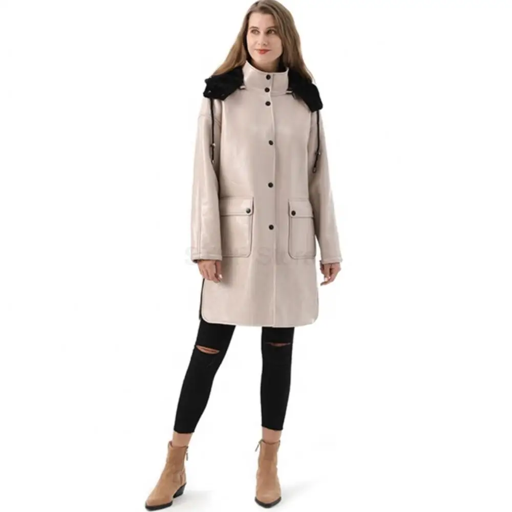 Women Real Leather Long With Detachable Hood Jacket Lapel Pocket Single Breasted Coat Pure Color Cowhide Women's Indbreaker