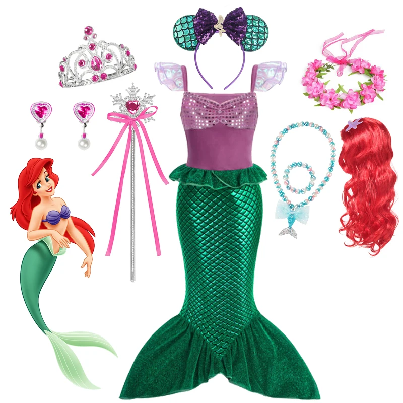 

Детское платье принцессы «Ариэль» Disney, костюм без рукавов с блестками и рыбьим хвостом для девочек, Косплей-Одежда маленькой Русалочки