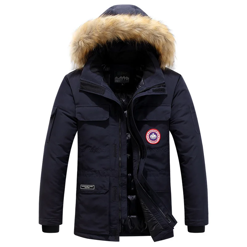 Winter Hooded Fur Collar Parka Long Sleeve Thickened Windproof Men's Cotton Jacket Medium Long Warm Jackets Coat