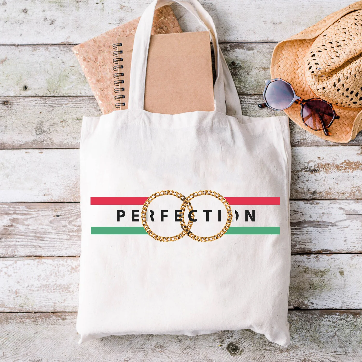 

BLINGPAW Canvas Tote Bag Perfection Chain Fashion Letter Print Funny 100% Cotton Reusable Shopping Bags Eco Bolsa