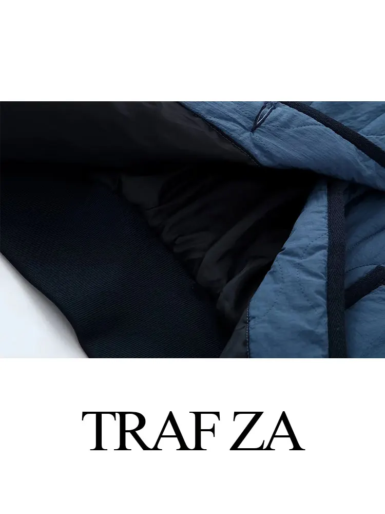 TRAF ZA Womens Fashion Crew Neck Loose Long Sleeve Cotton Coat Patch Pocket Single Breasted Warm Jacket Female Chic Outerwear