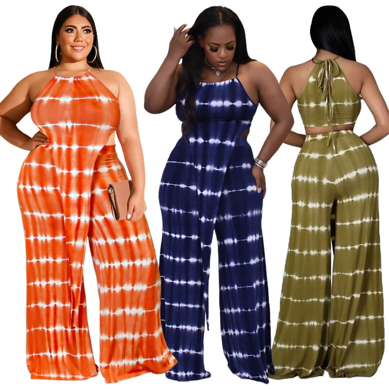 

Summer 2 Pieces Club Outfit Sexy Halter Crop Top and Wide Leg Long Pants Fashion Printed Tracksuit Women Vacation Sets S-5XL